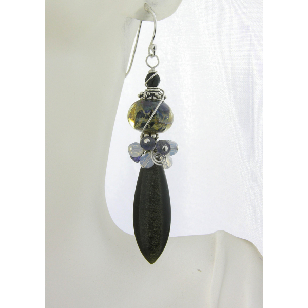 Handmade blue black gold earrings with golden obsidian lampwork iolite sterling
