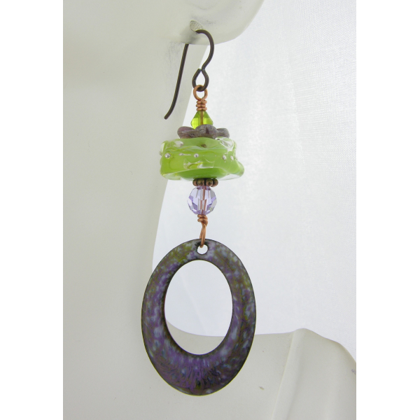 Artisan made lime and purple enamel on copper earrings copper lampwork