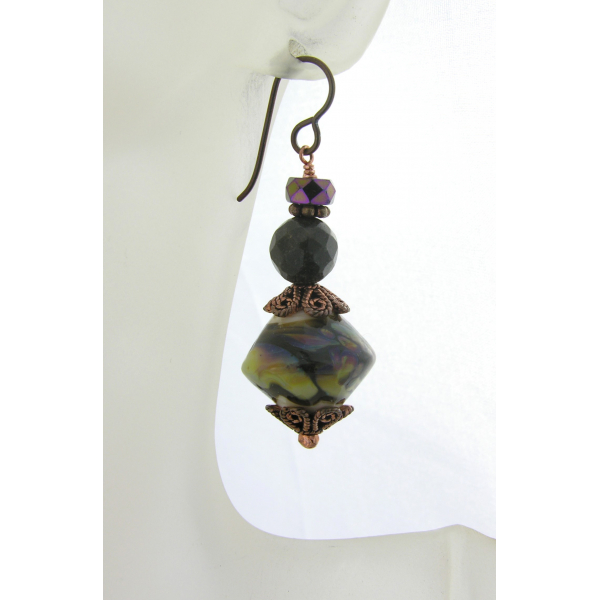 Handmade purple brown ivory earrings, lampwork petrified wood copper