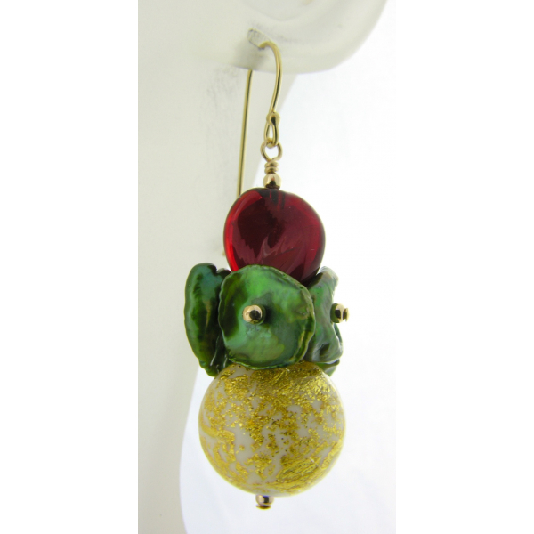 Artisan made red green gold earrings with Venetian beads keshi pearls