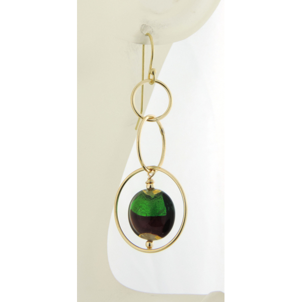 Artisan made red green gold earrings with Venetian beads and gold rings