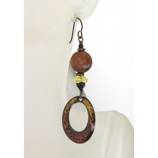 Artisan made red yellow black enamel on copper earrings onyx jasper niobium