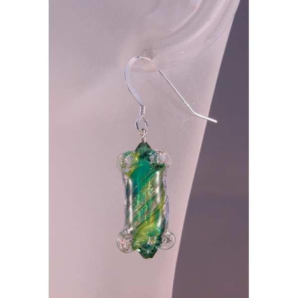 Artisan green short earrings with artisan furnace glass, Swarovski, sterling