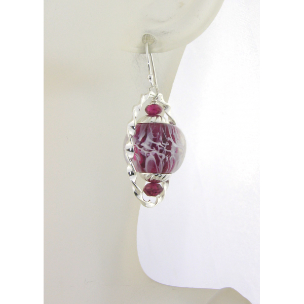 Handmade red, white, silver earrings, lampwork, garnet and sterling