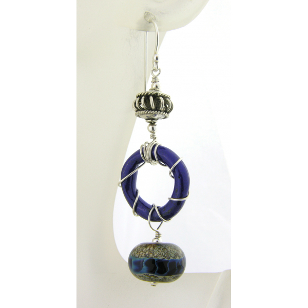 Handmade blue enamel ring earrings with blue silver lampwork glass, sterling