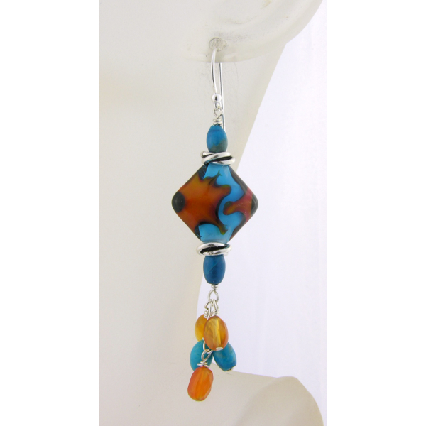 Handmade turquoise orange lampwork earrings carnelian turquoise sterling