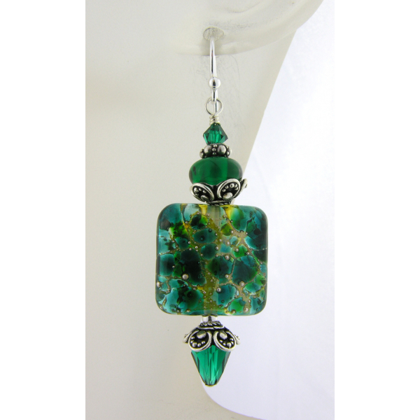 Artisan dark green earrings with square lampwork glass, Swarovski, sterling