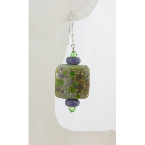 Artisan green purple earrings with square lampwork glass, Swarovski, sterling