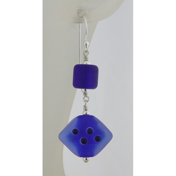 Handmade earrings with dark blue lampwork glass, sterling silver