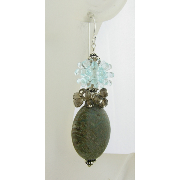 Handmade earrings with aqua spiky urchin lampwork glass, smoky quartz, sterling