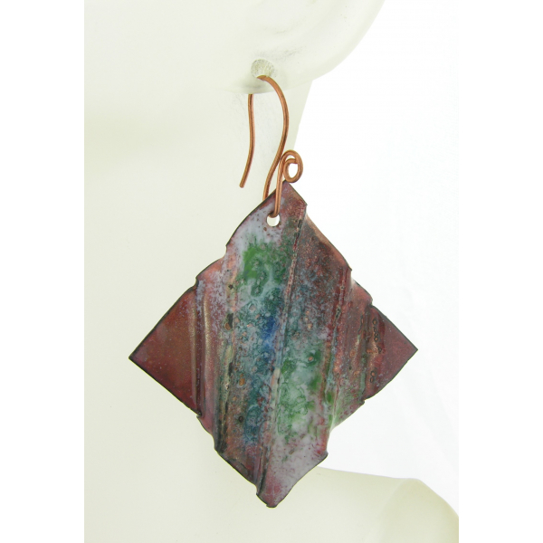 Artisan made organic enamel on fold formed green blue white copper earrings