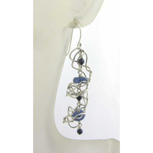 Artisan made argentium sterling mesh spiral earrings with kyanite blue sapphires