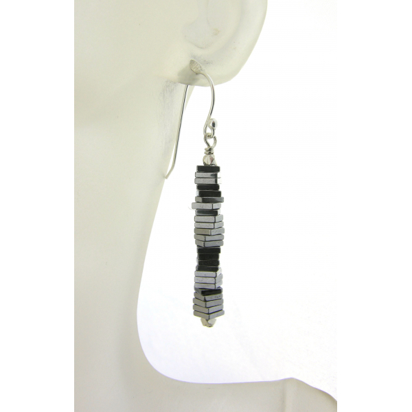 Handmade silver column earrings with silver plated pyrite gemstones sterling