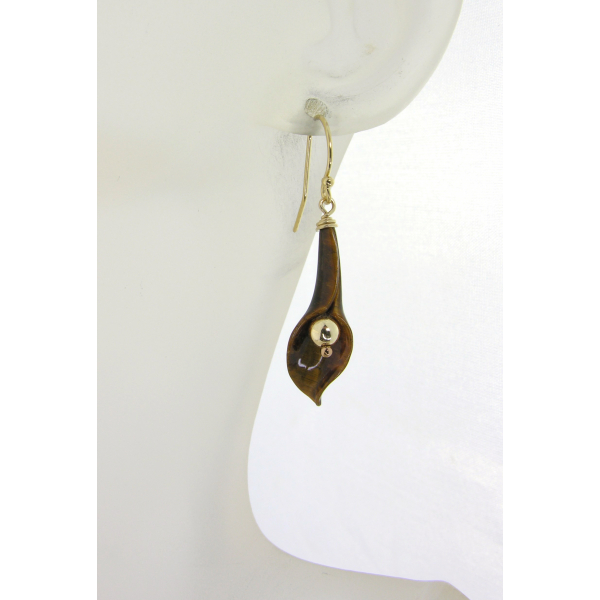 Handmade brown earrings with tiger eye carved lily, gold fill