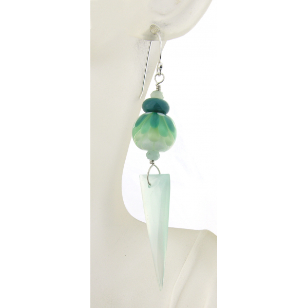 Handmade aqua, teal, white earrings with chalcedony spikes, burma jade, lampwork