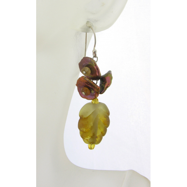 Artisan made topaz lampwork leaf earrings keishi pearl hessonite garnet sterling