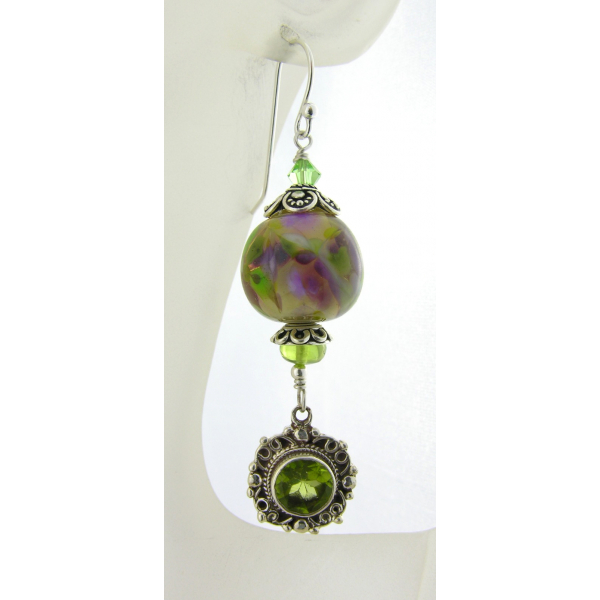 Artisan made purple green earrings with handmade lampwork glass peridot sterling