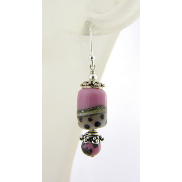 Handmade pink, ivory, black dot lampwork, rhodonite gemstone, sterling