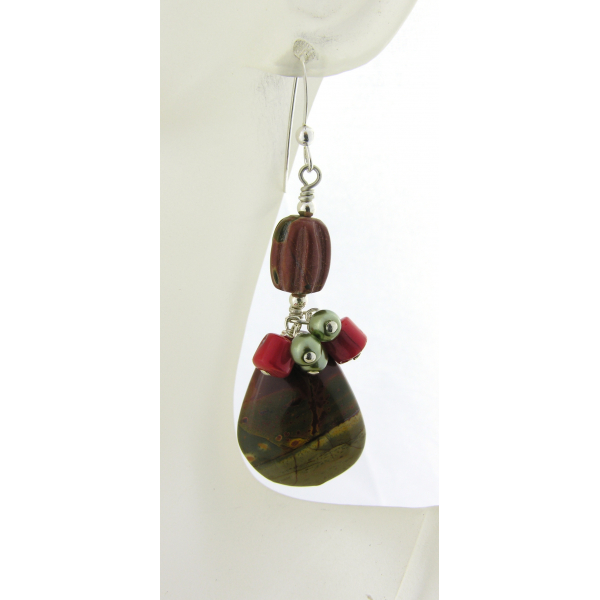 Handmade earrings with green and red creek jasper drops coral sterling