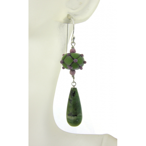 Handmade earrings with sage green lavendar lampwork glass green opal sterling
