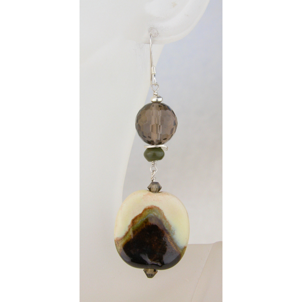 Handmade ivory green brown earrings kazuri ceramic smoky quartz jasper sterling