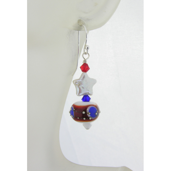 Handmade red white blue earrings pearl star patriotic july4 sterling silver