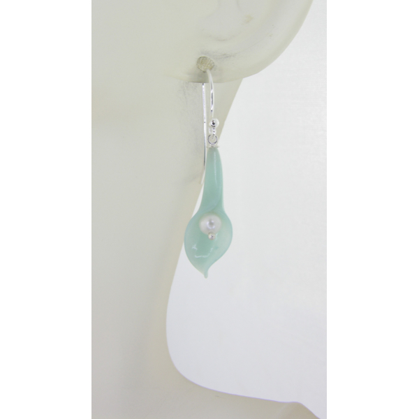 Handmade aquablue earrings with blue quartz carved lily, pearls, sterling