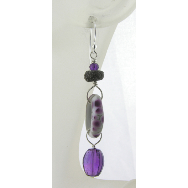 Handmade earrings purple white grey lampwork amethyst dinosaur bone sterling