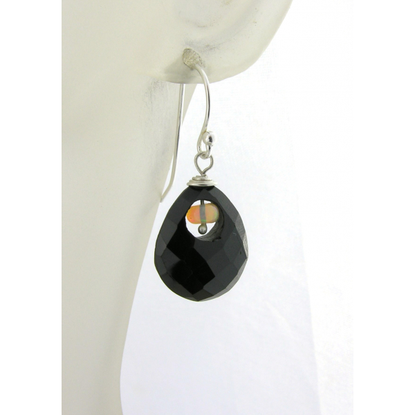 Artisan black onyx and Ethiopian opal earrings in sterling silver