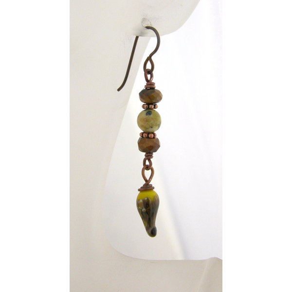 Handmade brown yellow earrings, lampwork tiger eye jasper copper