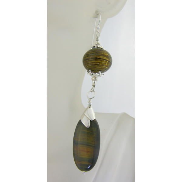 Artisan made brown hollow lampwork earrings golden tiger eye sterling