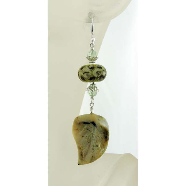 Handmade pale green organic earrings with prehnite, african opal leaf lampwork