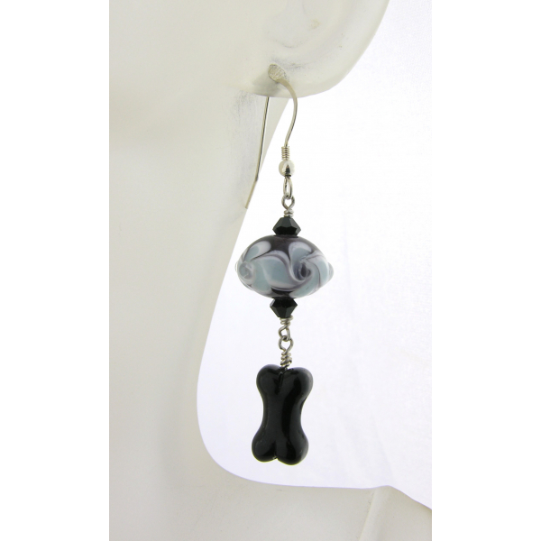 Handmade blue, black, white earrings with lampwork, glass bone, sterling