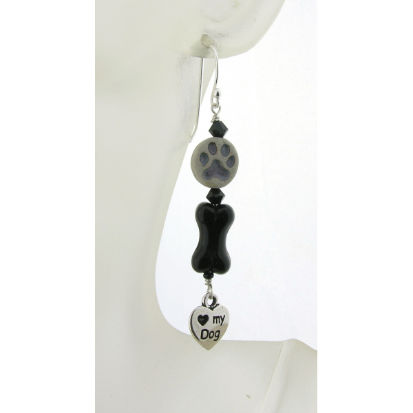 Handmade earrings with black glass bone, gray paw print, dog love charm sterling