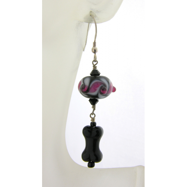 Handmade pink, black, white earrings with lampwork, glass bone, sterling