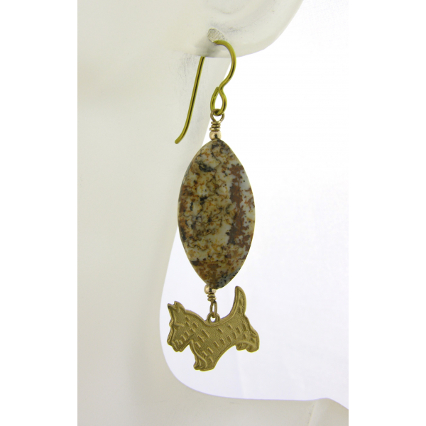 Handmade earrings with brown beige picture jasper brass westie gold fill niobium