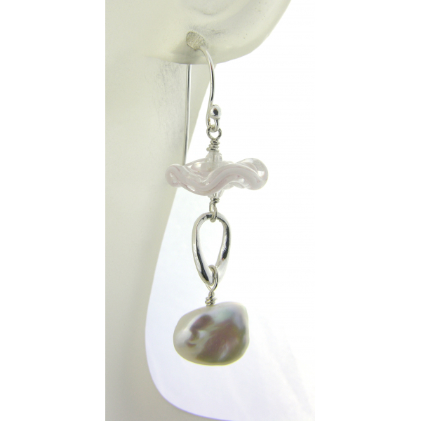 Artisan made white sterling earrings with baroque pearls lampwork