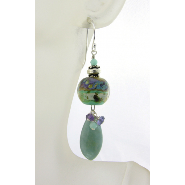 Handmade aqua purple earrings lampwork aquamarine amethyst iolite sterling