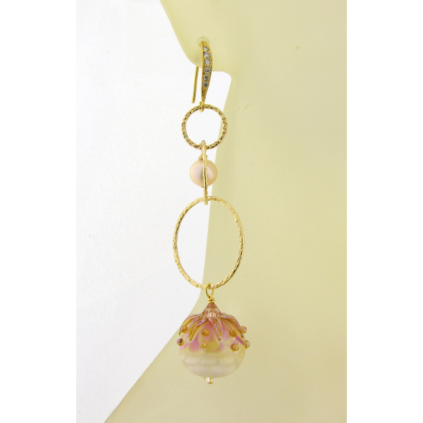 Handmade gold pink earrings with artisan lampwork freshwater pearls gold fill