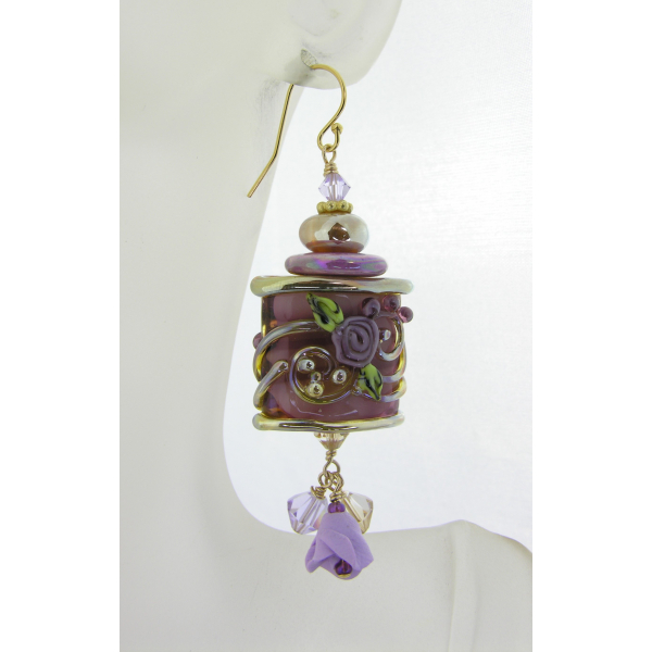 Handmade earrings with purple roses, gold lampwork, polymer rose and gold fill