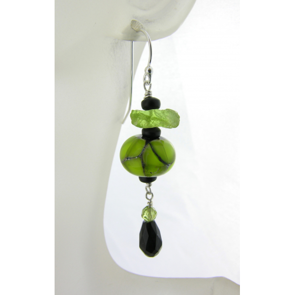 Artisan made lime green black earrings with handmade glass peridot onyx sterling