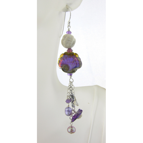 Handmade earrings with purple shell lampwork, seahorse charm, pearl and sterling