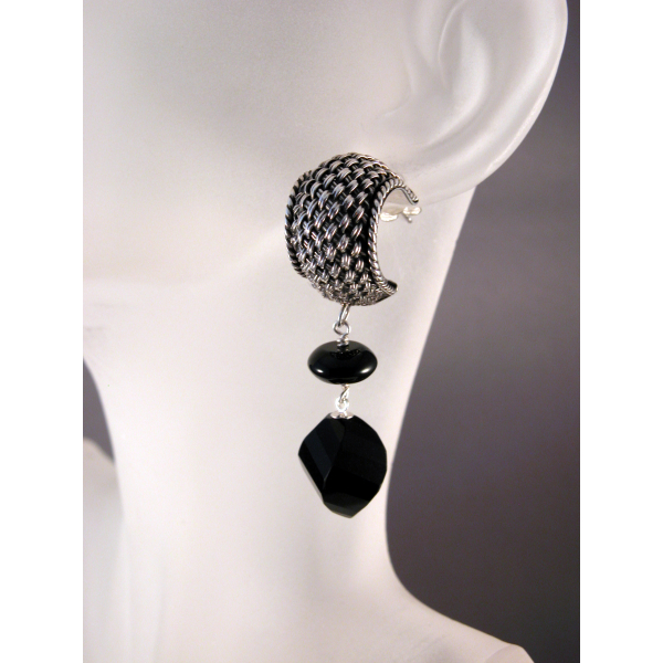 Artisan made dangle earrings Bali basket weave cuff on posts black agate onyx