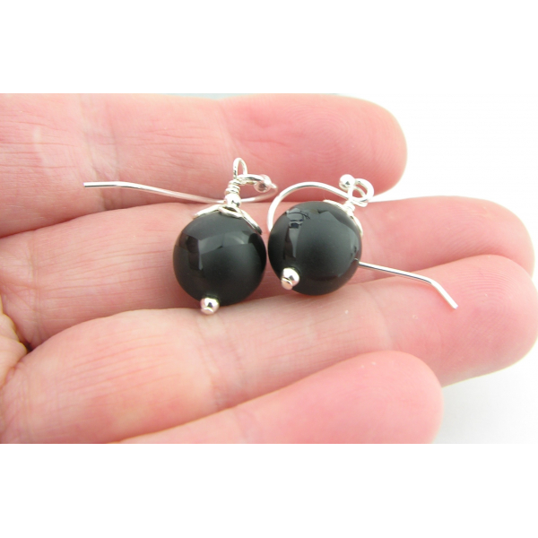 Artisan etched black onyx earrings sterling silver random lines petals