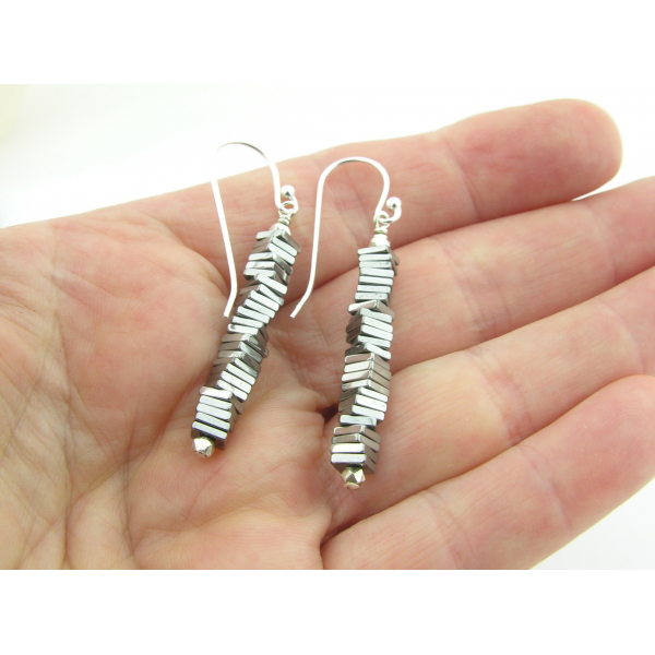 Handmade silver column earrings with silver plated pyrite gemstones sterling