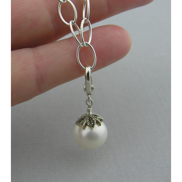 Handmade necklace with large freshwater pearl with marcasite cap, sterling