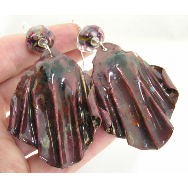 Artisan made organic fold formed copper lampwork red blue raku earrings