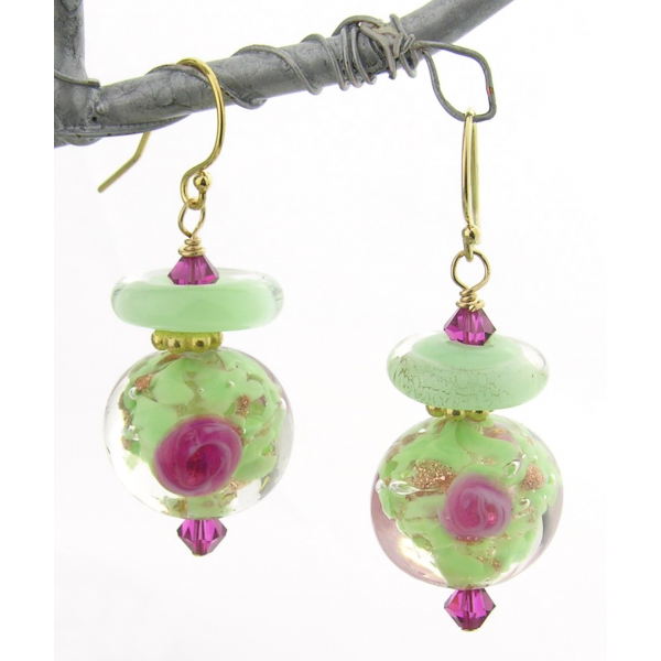 Handmade earrings with mint and pink rose venetian beads lampwork gold fill