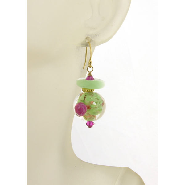 Handmade earrings with mint and pink rose venetian beads lampwork gold fill