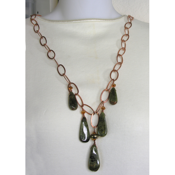 Handmade necklace with artisan lampwork green garnet, copper chain, clasp, wire